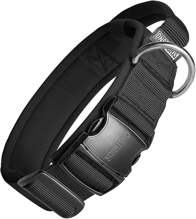 OneTigris vlakke halsband met metalen gesp en handvat